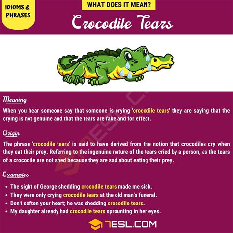 Crying <strong>crocodile tears</strong> means that that person isn’t actually sad or feeling the emotion they are displaying, but are trying to use the emotion to other ends. . Crocodile tears examples